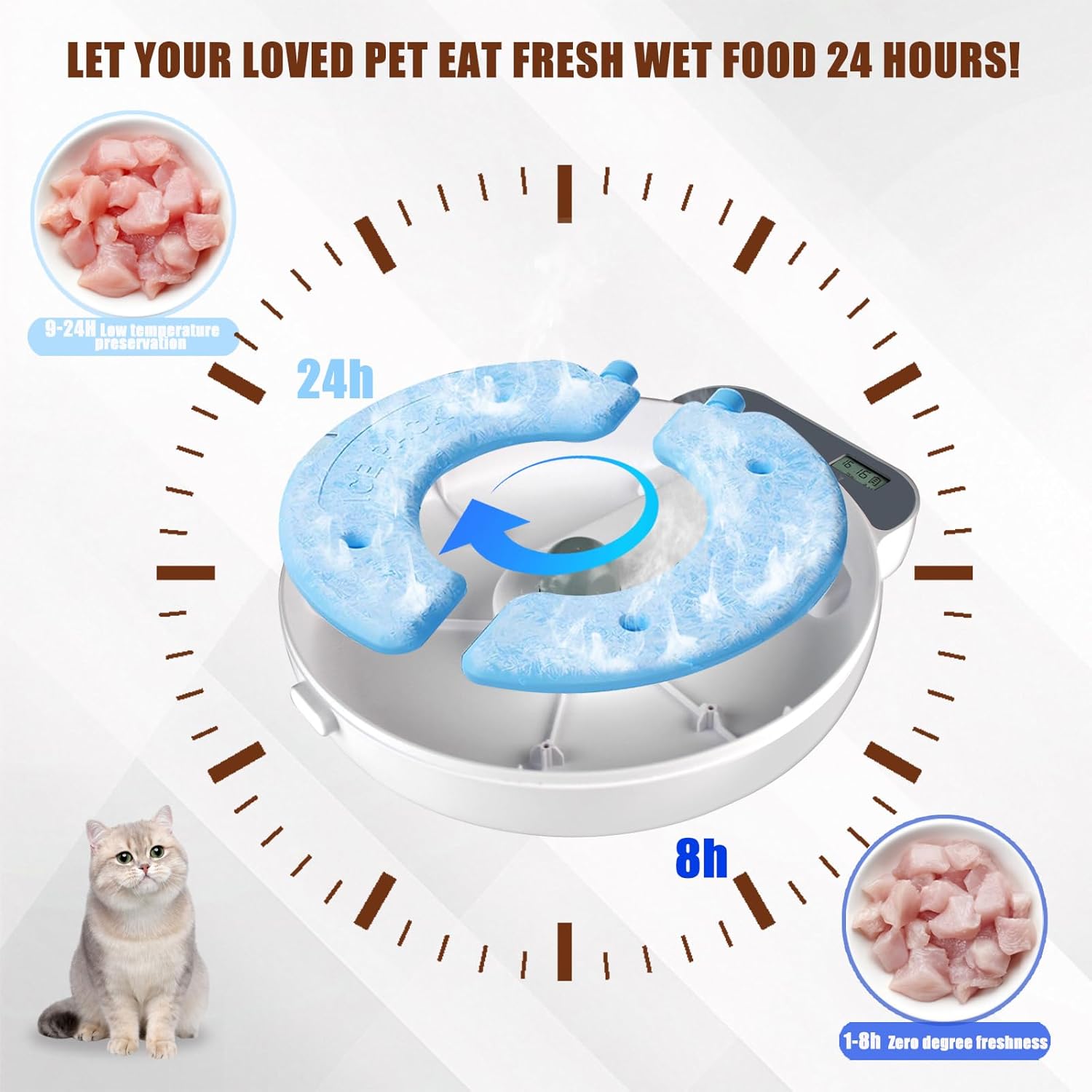 Automatic Cat Feeder Wet Food, 4 Meal Cordless Automatic Pet Feeder, Pet Fresh Food Refrigerated Container with 2 Ice Packs, Wet Foods Auto Feeder