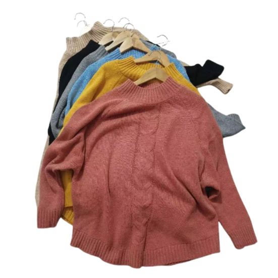 Women Sweater Tops Half High Collar Batwing Long Sleeve Solid Color Knitted Sweater Twist Texture Loose Fit Casual Knitting Tops