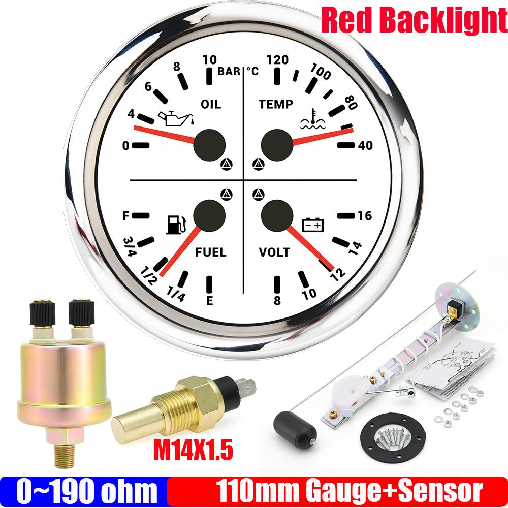 ZMFJH 110mm Gauge with Sensor Warning Red LED 4IN1 Multi-Meter Red LED Oil Pressure Gauge+Water Temp+Fuel Level Gauge+Volt 12V