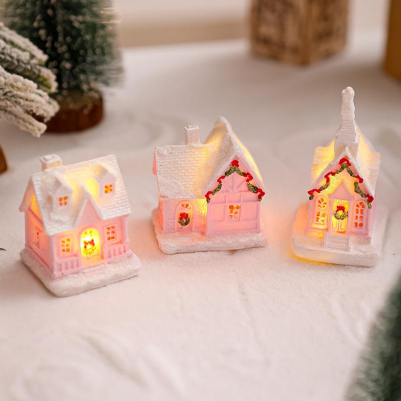 Christmas Decorations Resin Small House Light Up Village House Figurines Cartoon Table Ornament For Holiday Gift Cute Christmas
