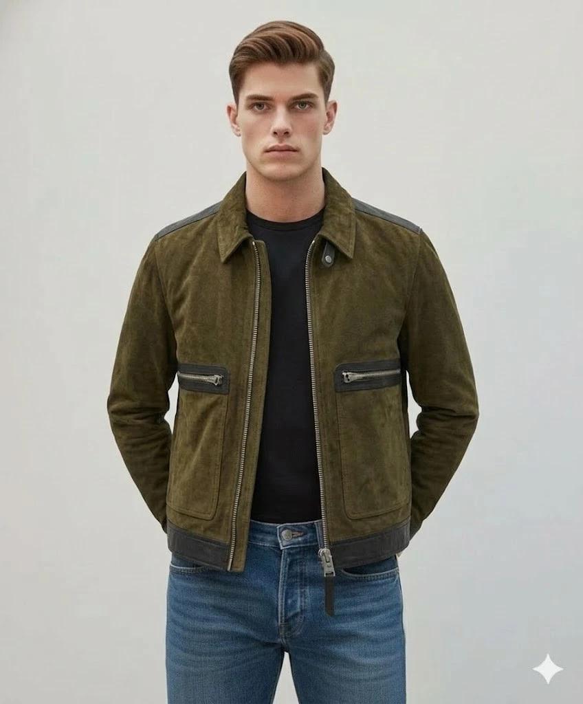 Stylish Motorcycle Suede Lambskin Leather Men s Olive Green Jacket Handmade Fit S