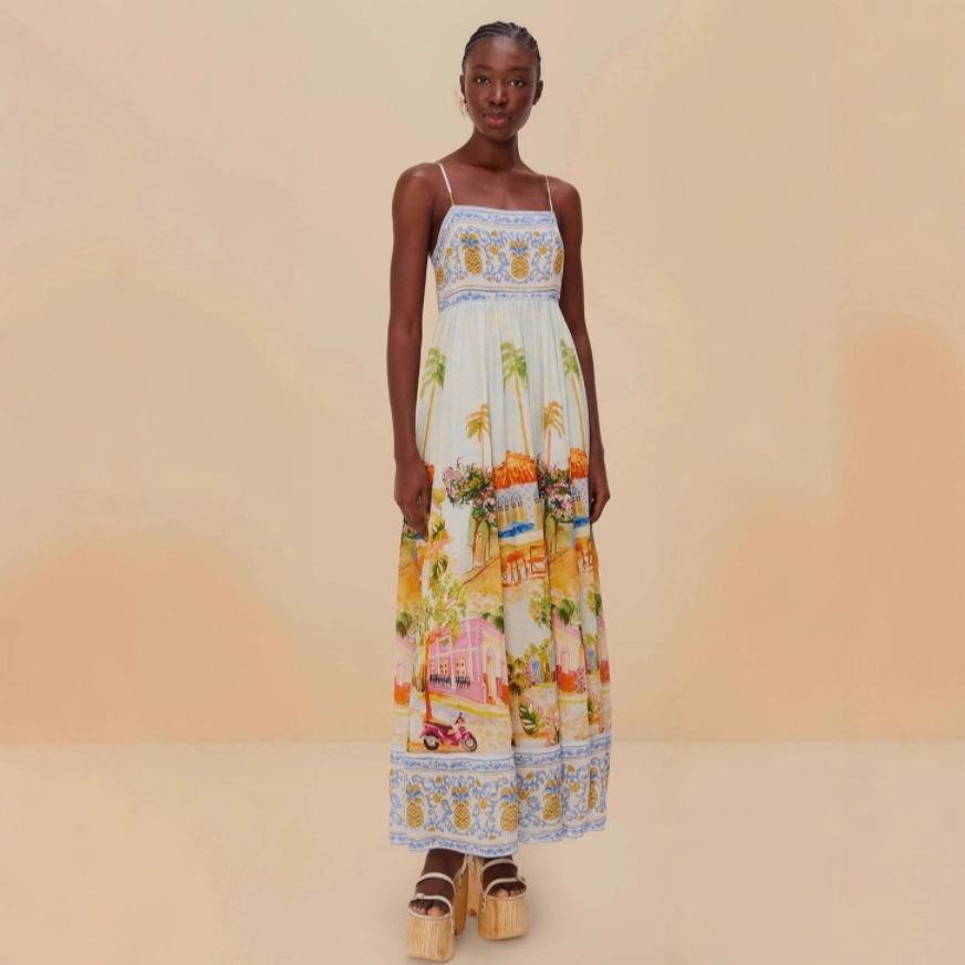 2025 European & American Fashion Printed Linen Slip Dress M