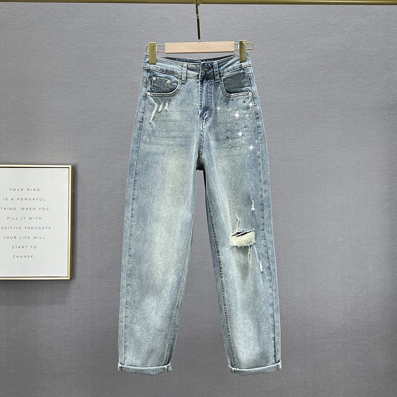 

High Waist Loose and Slimming Ins European Goods Hot Drilling Denim Blue (thin) 30