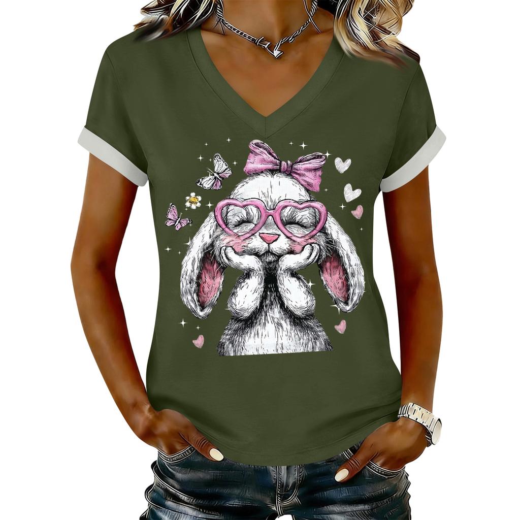 Women's Casual Printed T-Shirt V Neck Pullover Short Sleeve Top
