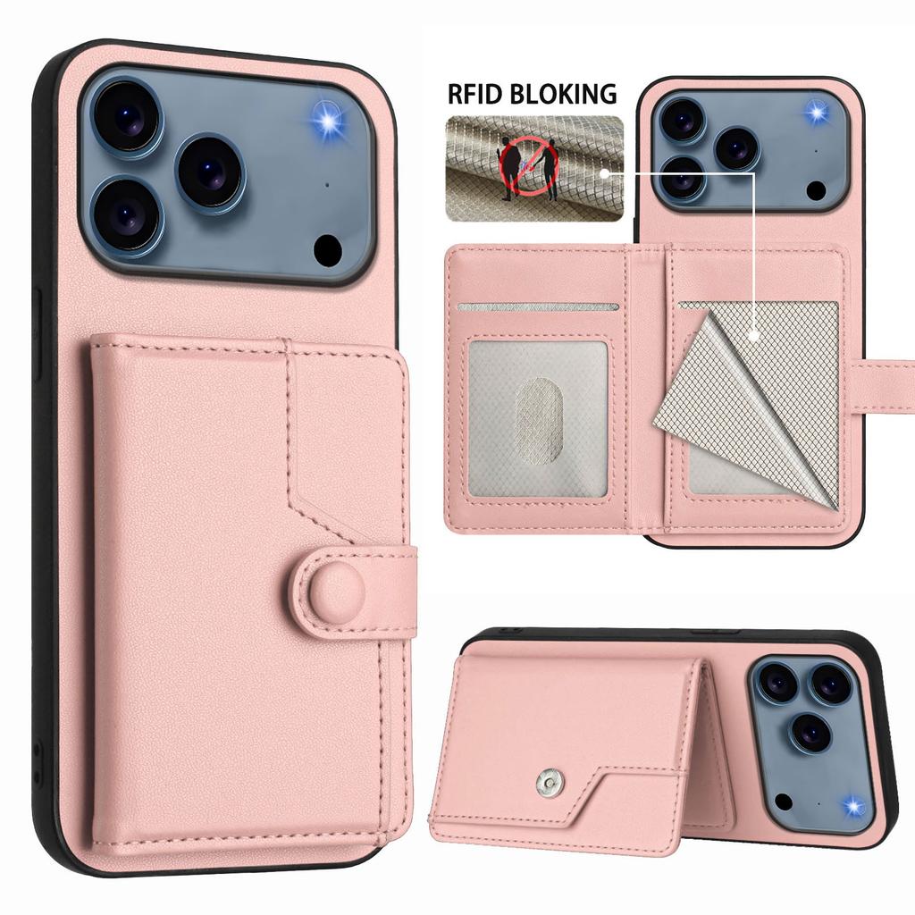 For iPhone 17 Pro Case RFID Blocking Card Holder Kickstand TPU+PU Leather Phone Back Cover