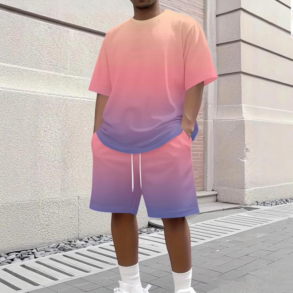 Men's Gradient Print Casual Short Sleeve Crew Neck Top and Shorts Set Lightweight Breathable Summer Outfit for Everyday Wear