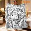 1pc Coloring Stress Relief Hand-Drawn Style Blanket, Coloring Flannel Sofa Blanket, Christmas Reindeer with Candy Cane And Snowball Line Art Pattern, 
