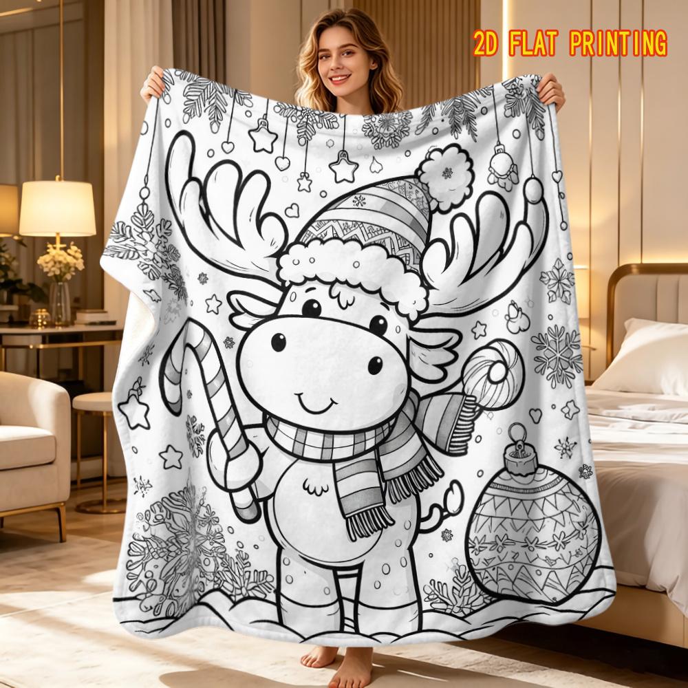 1pc Coloring Stress Relief Hand-Drawn Style Blanket, Coloring Flannel Sofa Blanket, Christmas Reindeer with Candy Cane And Snowball Line Art Pattern,