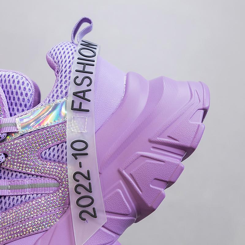 Wysokiej Jakości Damskie Grube Trampki Modne Fioletowe Buty Sportowe Luksusowe Błyszczące Strassowe Damskie Codzienne Buty Tenisowe Damskie PU