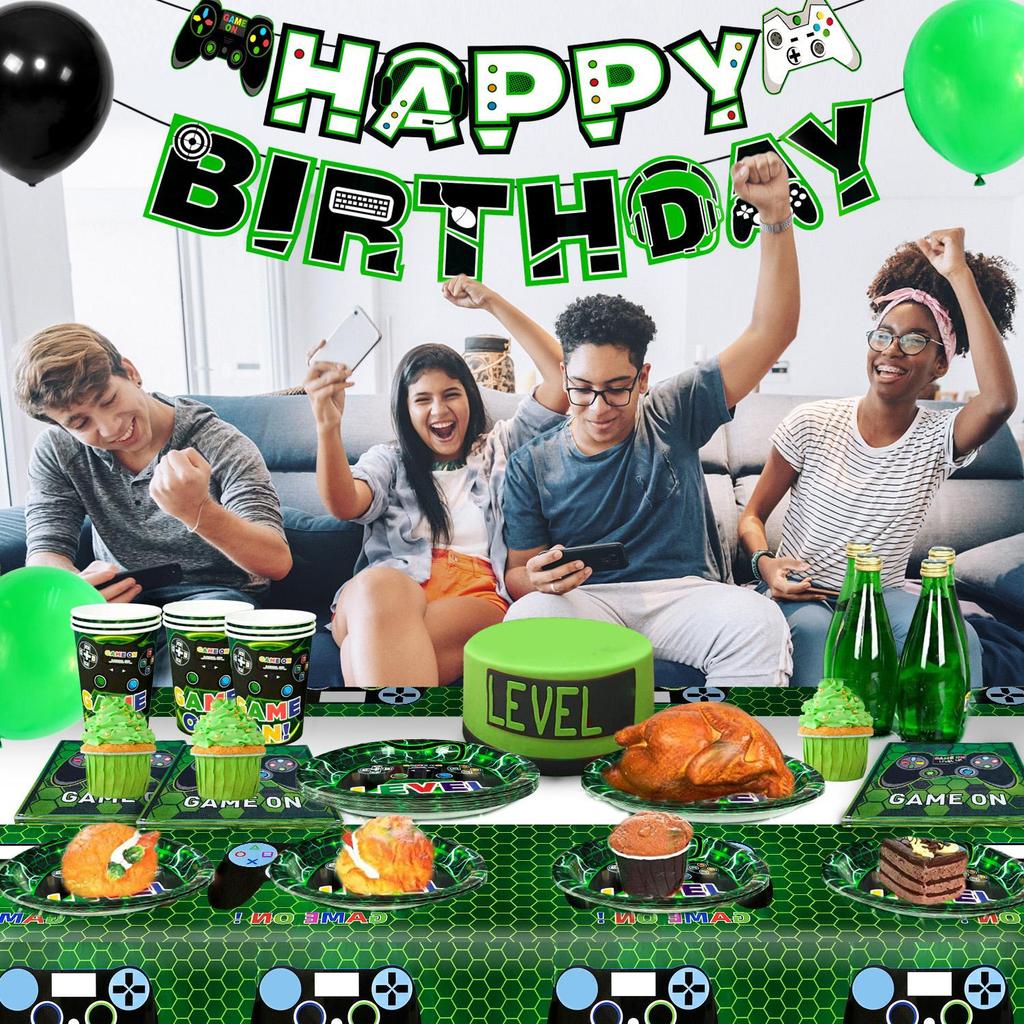 128pcs Video Game Party Supplies, Gaming Themed Tableware Set - Plates Paper Cups Banner etc Gaming Birthday Party Supplies