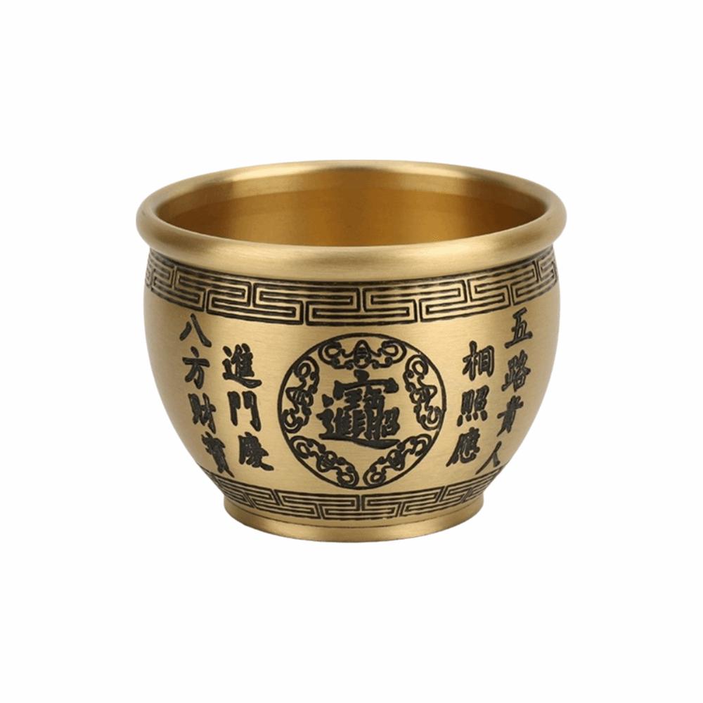 Wealth Attracting Pure Brass Cornucopia Polished Auspicious Baifu Rice Cylinder Desktop Ornament 95mm Feng Shui Bowl Office Desk
