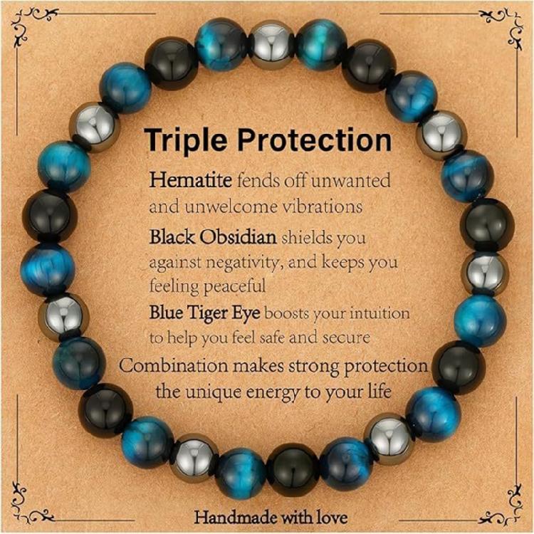 Unisex Adjustable Tigers Eye Obsidians Bracelet Handmade Stretchable Stone Bead Jewelry