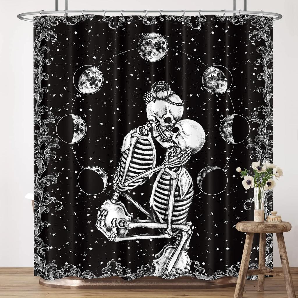 Tenda da doccia con scheletro di teschio al chiaro di luna, gotico, nero, bianco, zucchero, spettrale, per Halloween, per set di decorazioni per vasca da bagno