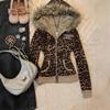 VAYLA Y2K Hot Girl Herbst Winter Harajuku Vintage Leopard Print Slim Fit Sweatshirt Damen Gothic Pelzkragen Reißverschluss Langarm Hoodie