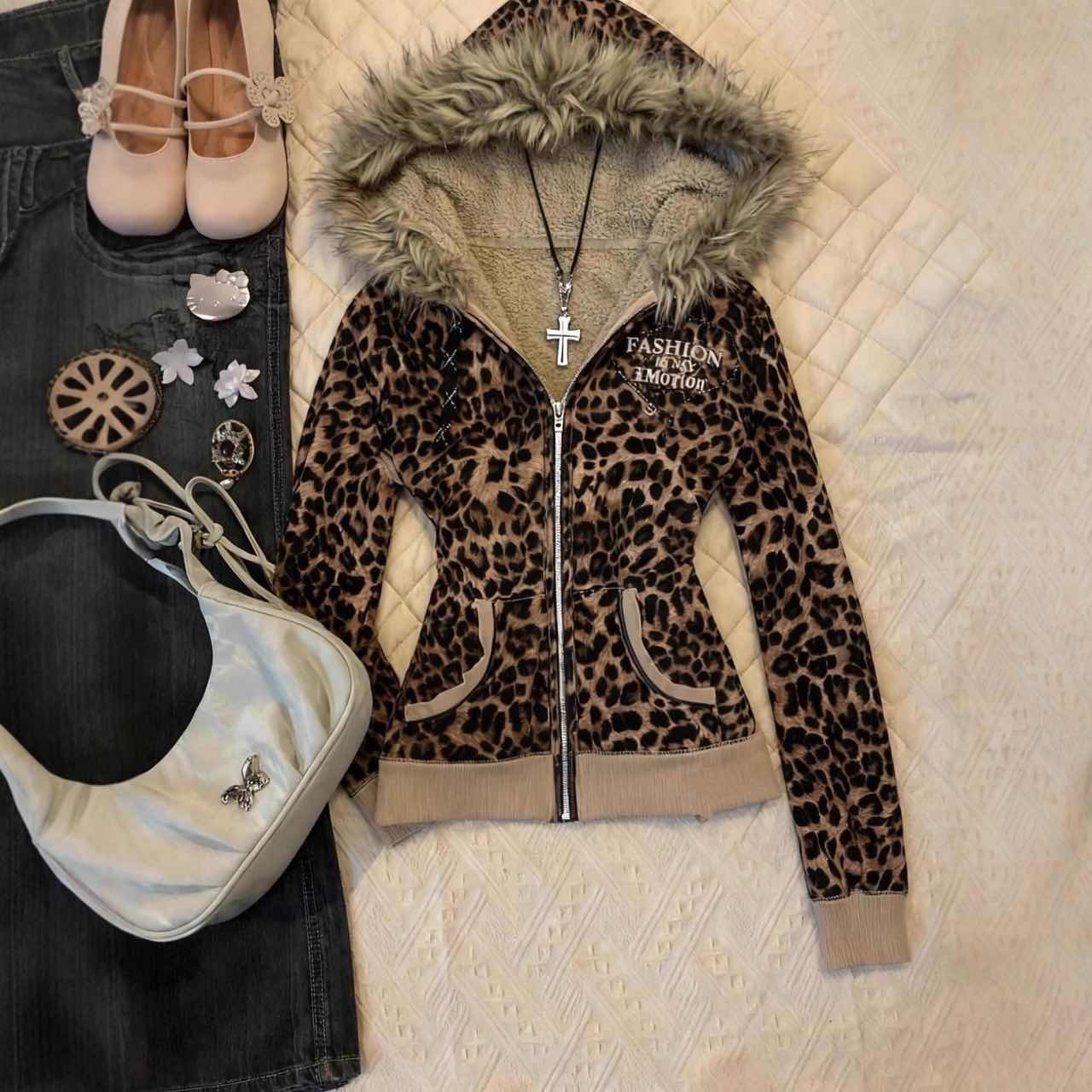 Y2K Горячая Девушка Осень Зима Харадзюку Винтаж Леопардовый Принт Приталенная Толстовка Женская Готика Меховой Воротник Молния Длинный Рукав Худи L