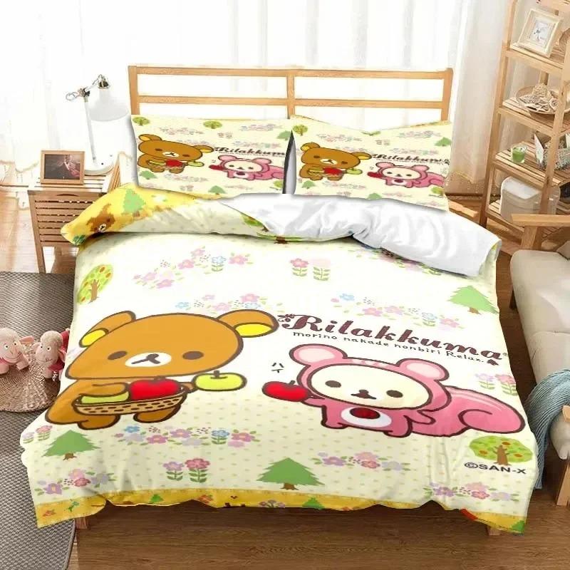 Cartoon Rilakkuma Bear Bedding Set Duvet Cover Bed Set Quilt Cover Pillowcase Comforter King Queen Size Boys Adult Bedding Set