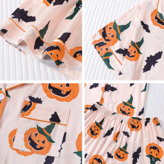 Damen Halloween Pyjama Set Knopfleiste 2-teiliges Pjs Shorts Set Kürbisdruck Kurzarm Nachtwäsche Sets