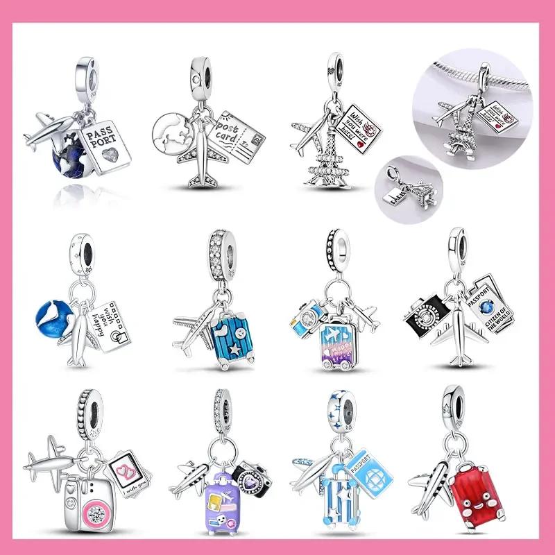 Anniversary Luggage Airplane Passport Three-Piece Set Copper Charms Fit Original Bracelet Jewelry Making For Women Gift