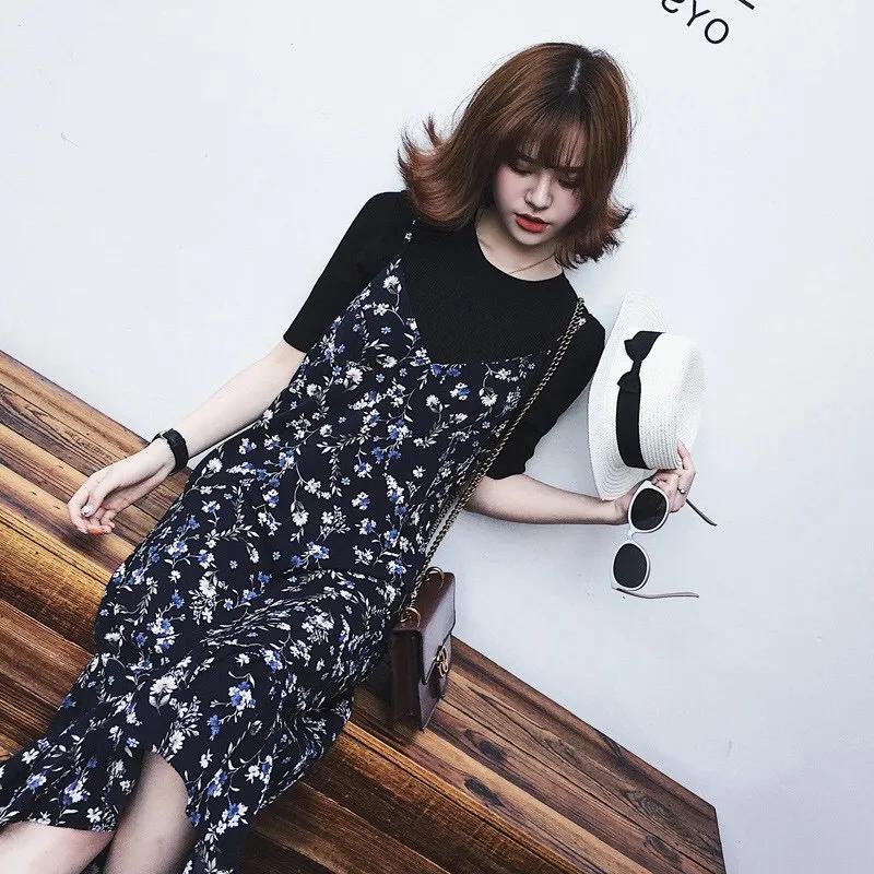 WTEMPO Dress Floral Chiffon Sling Dress Female Student Summer Stitching Ruffle V-neck Fishtail