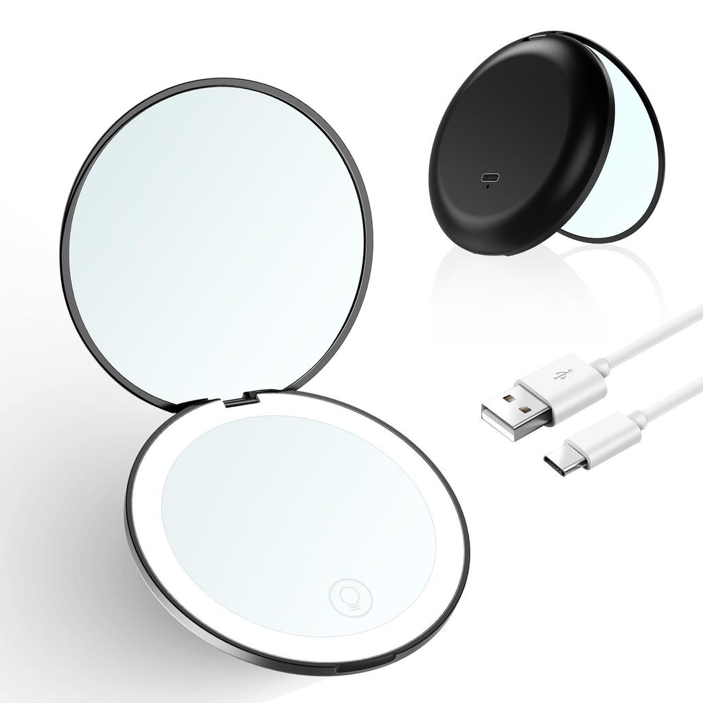 LED Lit Portable Double-Sided Makeup Mirror, 10x Magnification, Folding, with Living Room Fill Light