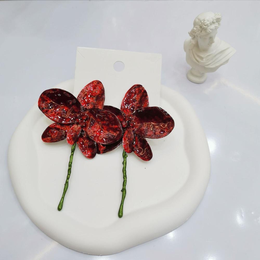 Enamel Design Red Flower Earrings Big Flower Fairy Earrings Vintage Jewelry Accessories  Women