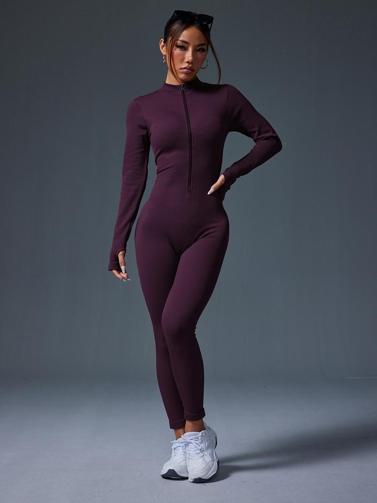 European-Style One-Piece Sport Jumpsuit for Women with Zipper, Stand Collar, Long Sleeves, Thumb Holes, Hip Lifting, and Tummy Control