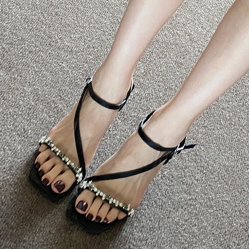 Fashion Sandals for women with a niche design new black open toe rhinestone buckle with slim heels summer high heels