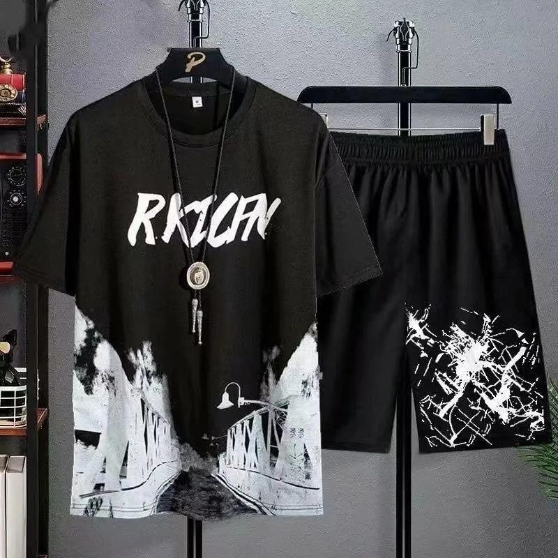 

Summer Leisure Men Set Manga Graffiti Tees T-shirt+shorts 2-piece Comfortable and Breathable for Men Top Print Tshirts Sets 5XL