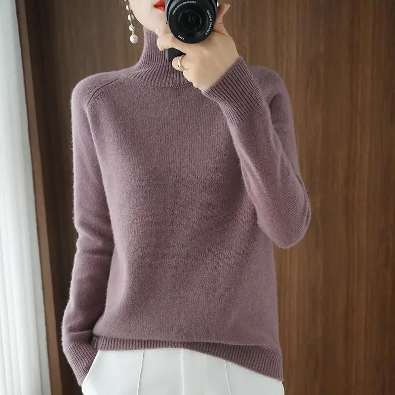 Rollkragenpullover Herbst/Winter Kaschmirpullover Damen Reine Farbe Lässig mit langen Ärmeln Lose Pullover Bodenbildung Damen