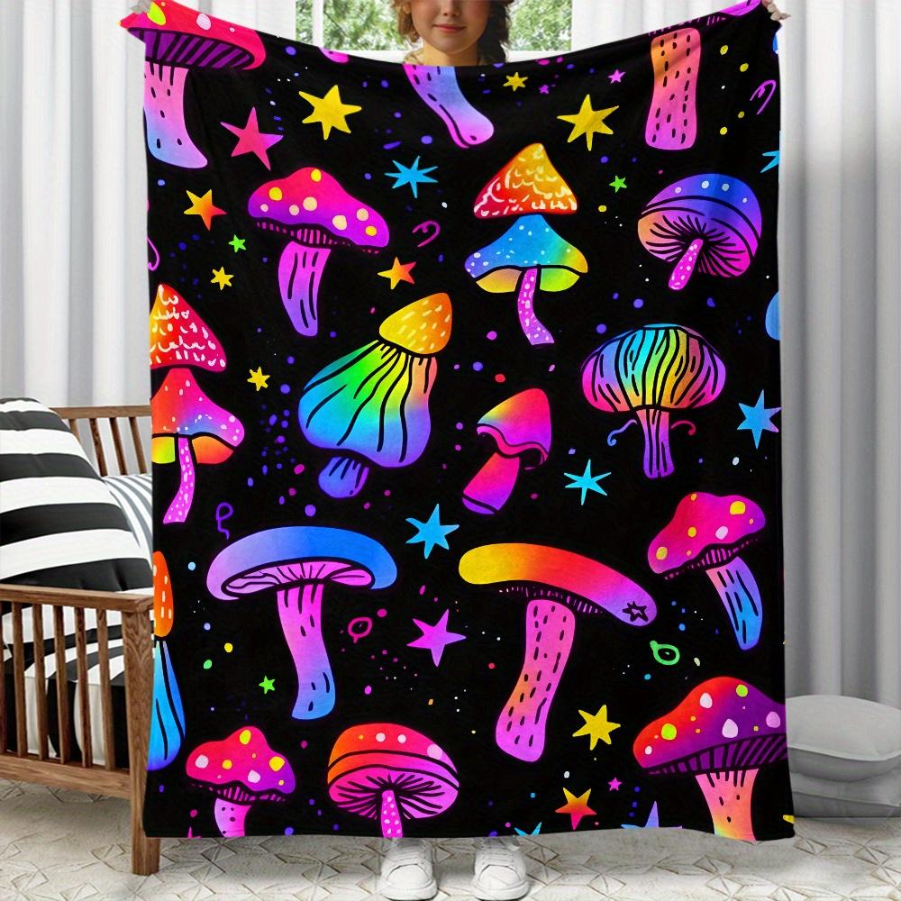 Colorful psychedelic mushrooms stars black background flannel blanket trippy art blanket hippie decor mushroom pattern throw Size: 75*100cm, Weight: 230 GSM