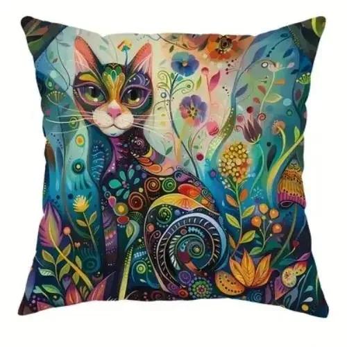Bohemian Cat Print Pillow Cover Colorful Floral Cat Cushion Case For Sofa Bedroom Living Room, Artistic Cat Home Decor