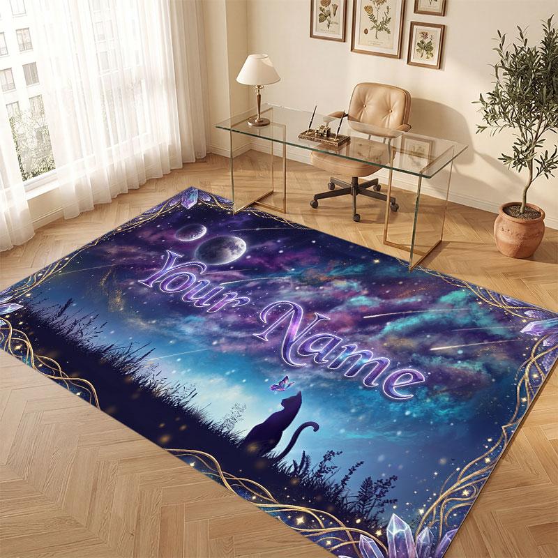 Cat Theme Crystal Velvet Floor Rug Personalized Custom Name Text Warm Carpet Home Decoration