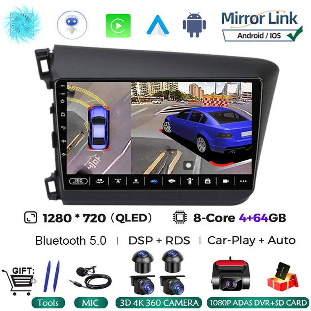 9" 2 Din Android 14 Car Radio for Honda Civic 2012 2013 2014 2015 Multimedia Player 2din Carplay Stereo GPS DVD Head Unit NO DVD