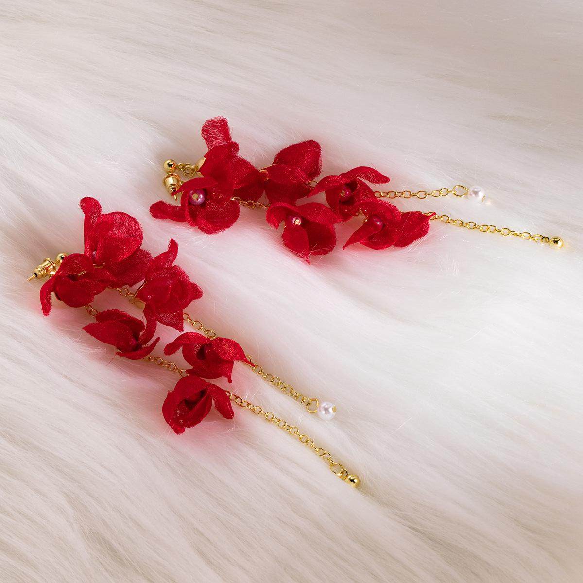 Французские Ретро Красные Цветочные Длинные Серьги с Бахромой, Легкая Роскошь Высококлассный Темперамент Преувеличенные Атмосферные Серьги