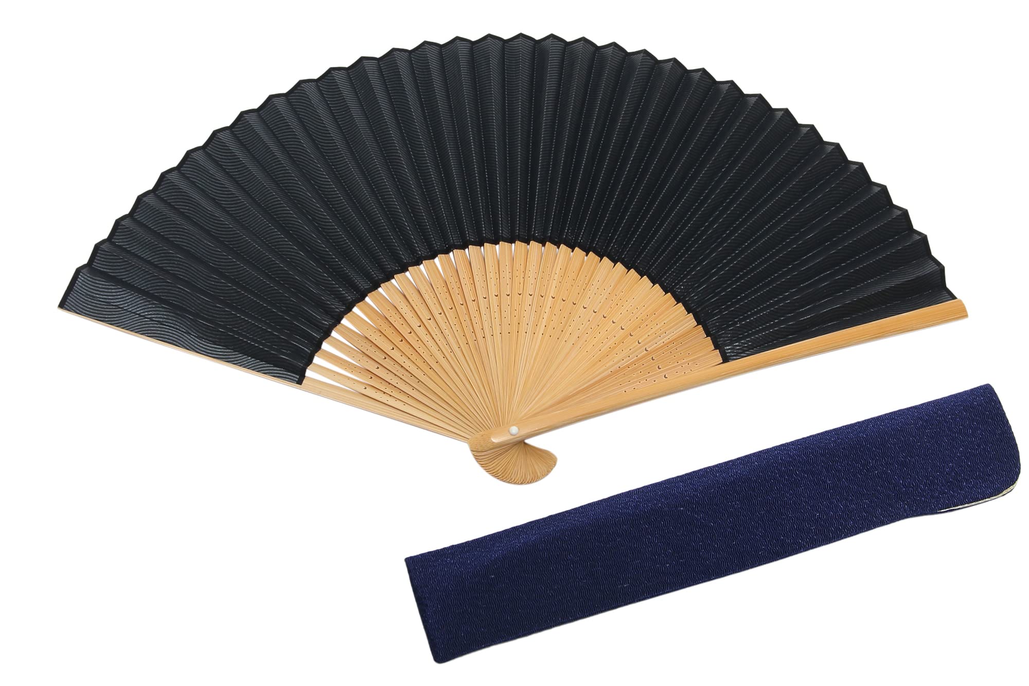 ручной работы в Киото с футляром для веера и бумажной коробкой [Хасегава] Мужской веер в киотском стиле, мастер, (волнообразный узор, черный)