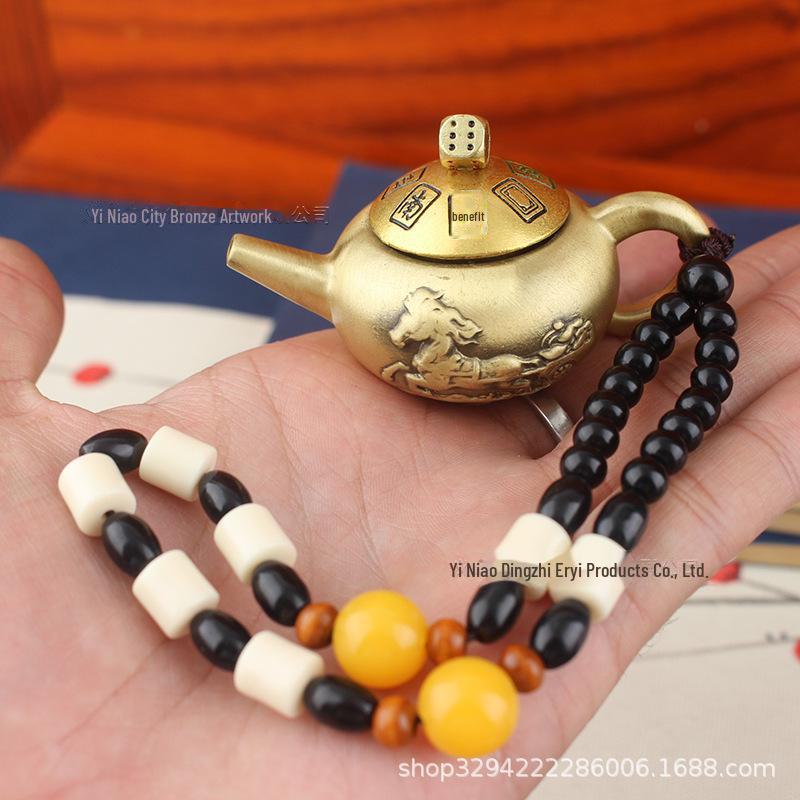 Brass Handle Rotating Dragon and Phoenix Mini Teapot for Mahjong Copper Crafts Gift