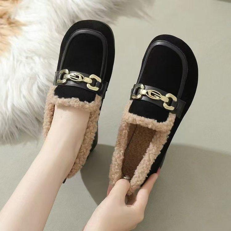 

Зима 2024 года, новые женские туфли Doudou на низком каблуке с одной педалью, пушистой подошвой и бархатным термобельем 40