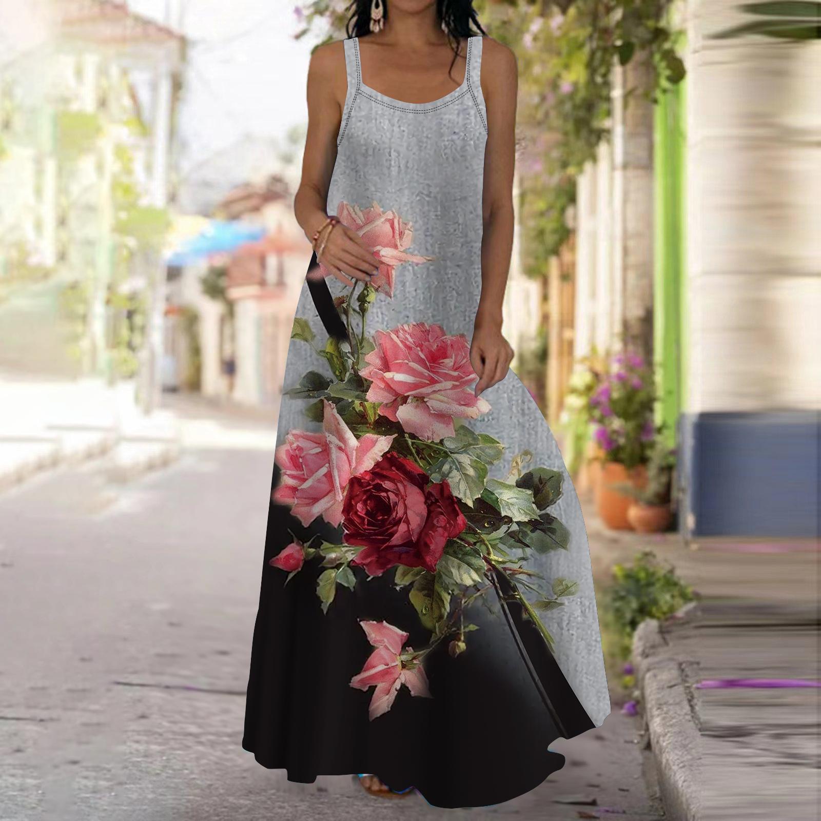 

Женское платье-комбинация Длинное платье с красной цепочкой Платье с принтом роз Весна и лето Для отдыха и отпуска 4XL серый