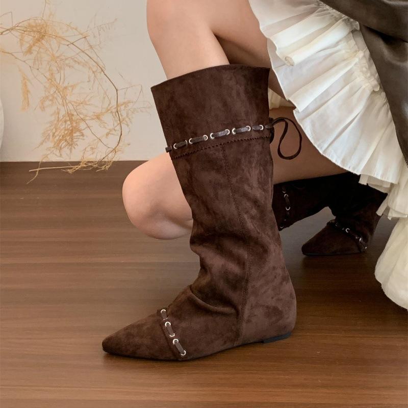 "Wasteland Spice Girls" Inner Heightening Western Cowboy Boots Women's Autumn and Winter Pile Boots Lace-up Skinny Knee Boots