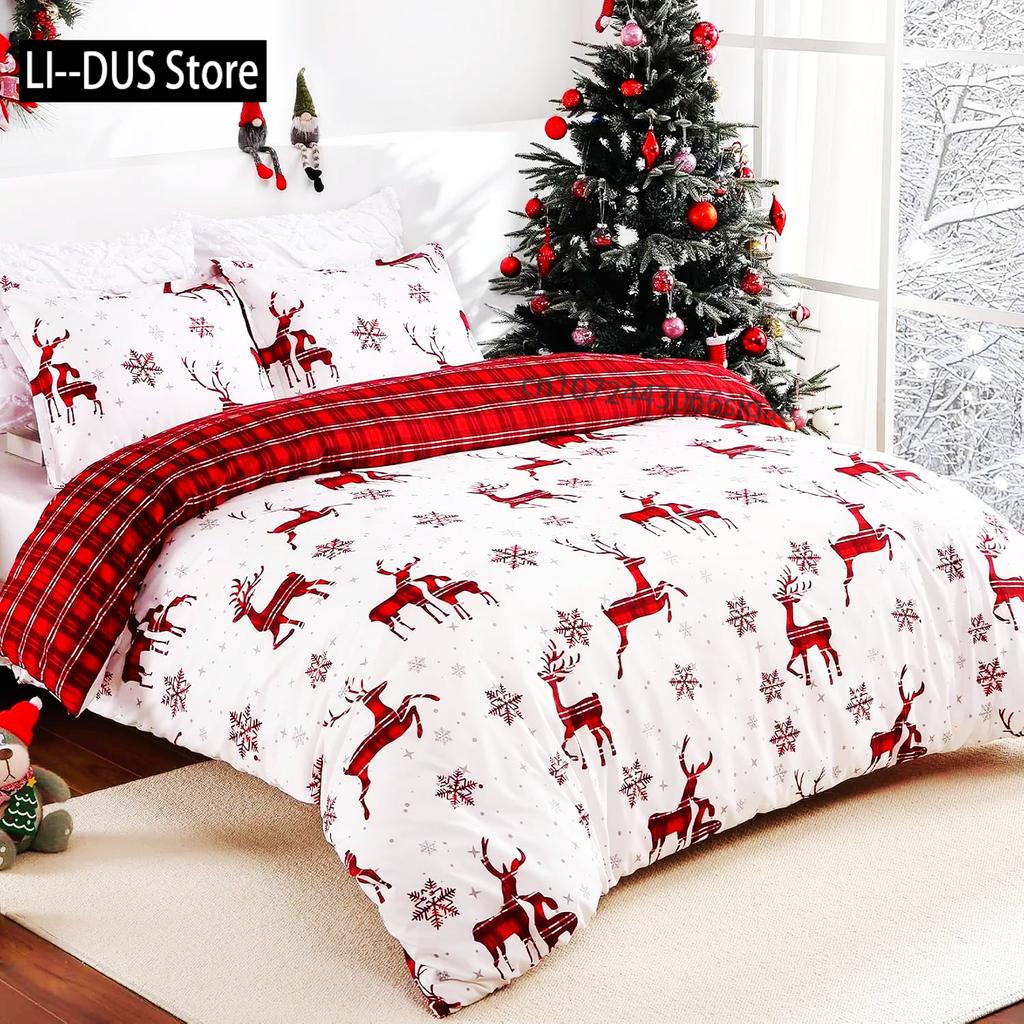 Merry Christmas Duvet Cover Christmas Elk Snowflakes Red Bedding Set Happy New Year Quilt Cover Holiday Gifts Bedroom Decoration