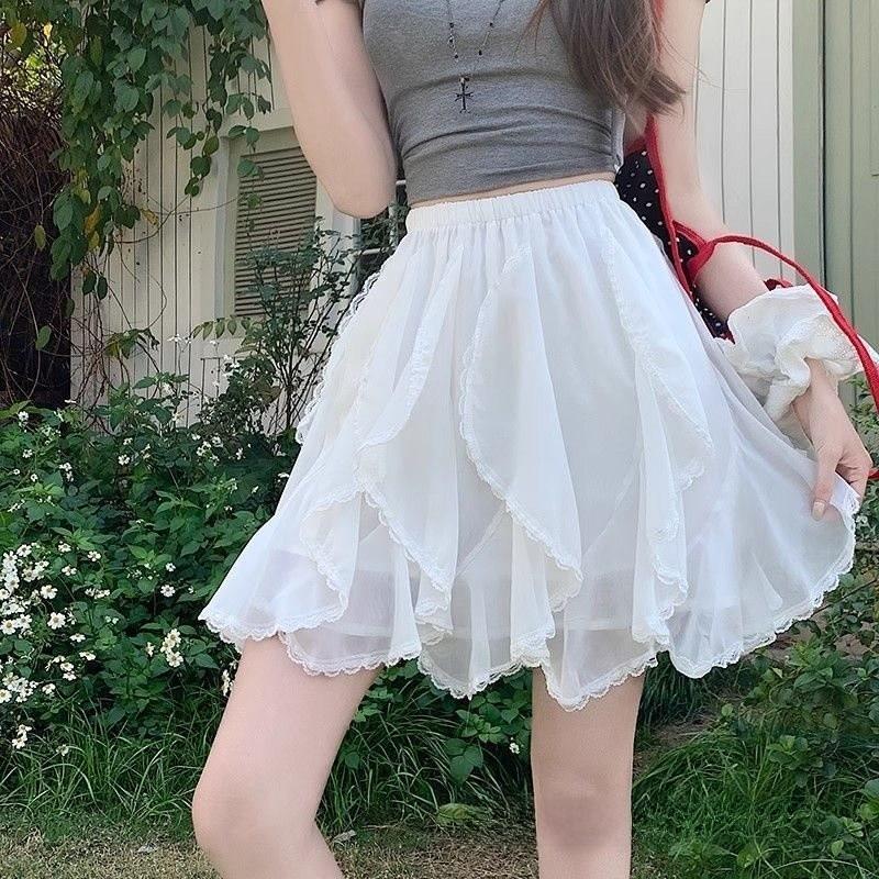 Irregular Lace Trim Puff Skirt With Splicing Detail For Summer Casual Wear