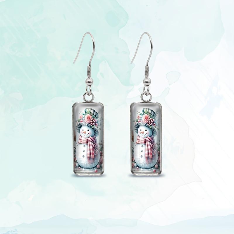 

European-American Christmas Snowman Flower Earrings, Party-Style Rectangular Glass Pendant