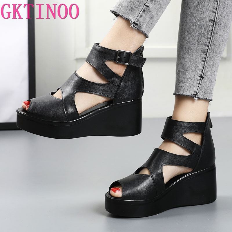 Fashion GKTINOO Women Flat Platform Sandals 2025 Summer Genuine Leather Handmade Shoes Women Summer Sandals Slip on Ladies Shoes Sandal