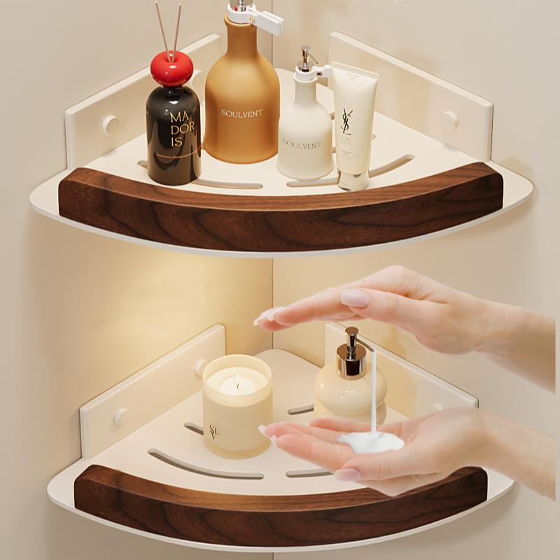 Walnut Corner Bathroom Shelf - Punch-Free Triangle Restroom Storage