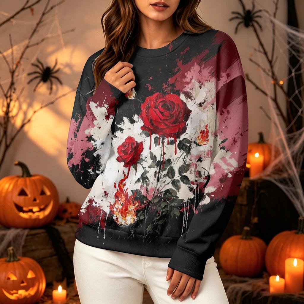 Women's Fashion Casual Long Sleeve Crewneck Sweatshirt with Halloween Print