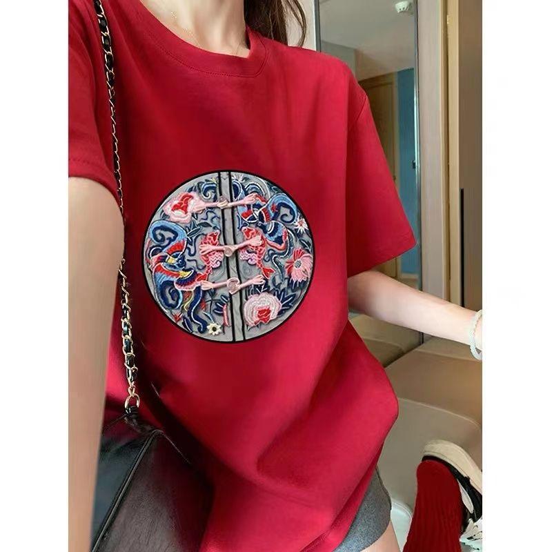 New Chinese style pure cotton short-sleeved T-shirt women's print new spring and summer interior with casual half-sleeved red top tide