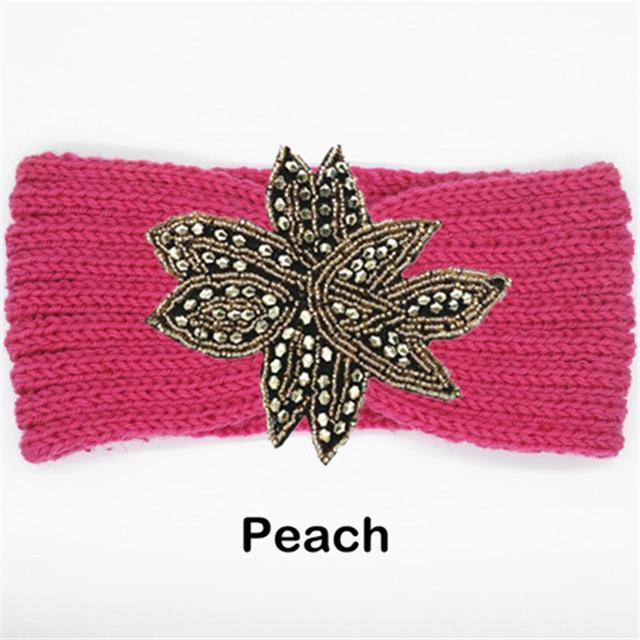 Crystal Beaded Flower Knit Headband For Women Winter Wool Ear Warmer Hairband Turban Headwrap Hair Accessories Bandeau