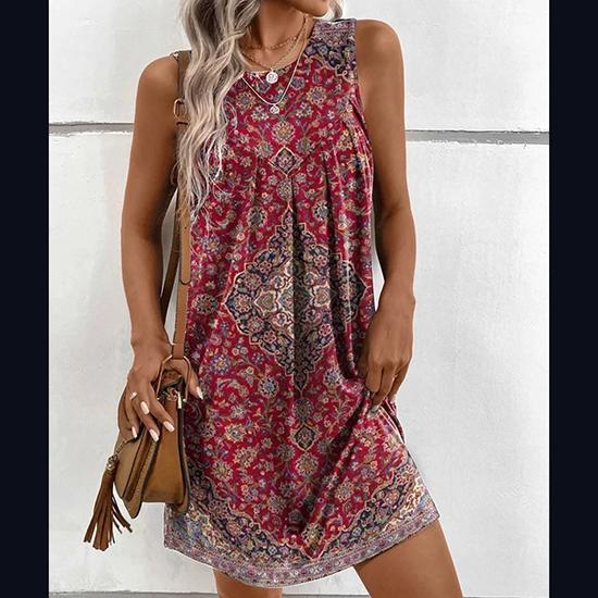 Frühlings- und Sommersaison, europäischer und amerikanischer Stil, ärmelloses bedrucktes ethnisches Modekleid für Damen, schmal geschnittenes Freizeitkleid