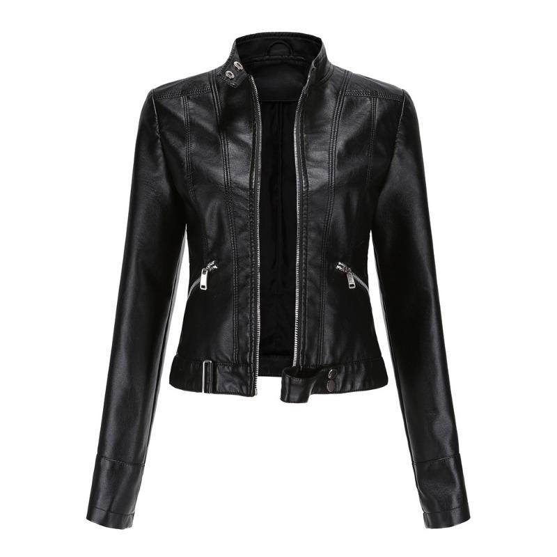 

2 New leather jacket women s short small coat spring and autumn stand-up collar women s leather jacket women s thin leather coat S чорний