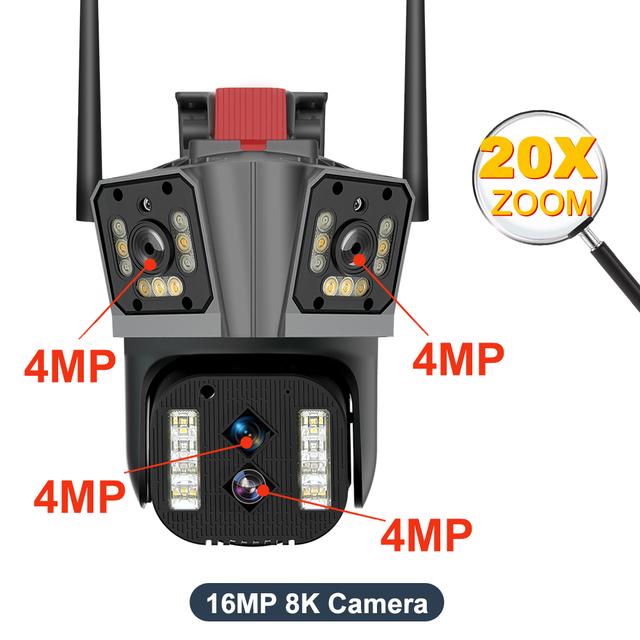 10K 20MP WiFi IP Camera 20X Zoom Four Lens Three Screen PTZ Cameras Outdoor 16MP 8K Video Surveillance Cam CCTV Security Camera